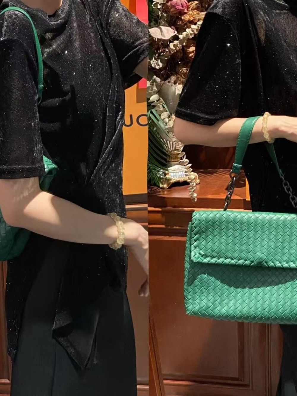 N16 Slightly Used Bottega Veneta Green Woven Leather Shoulder Chain Bag - Picture 6 of 14
